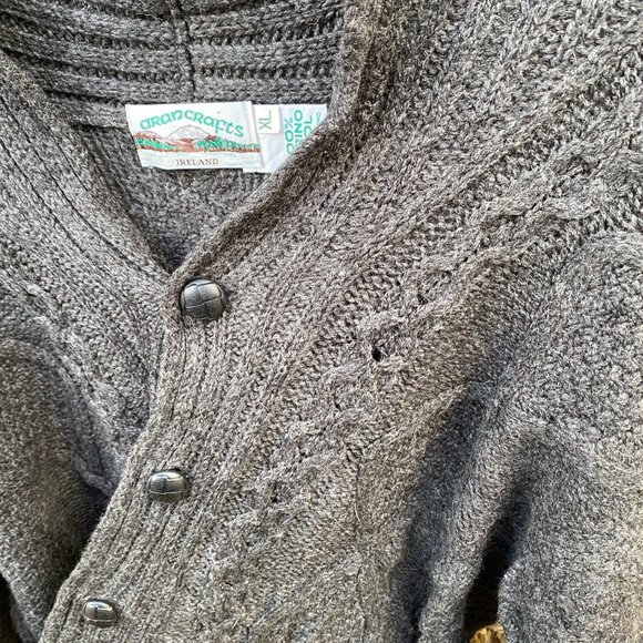 Aran Crafts Merino Wool Cable Knit Cardigan Sweater Gray XL MADE IN IRELAND - Picture 6 of 10